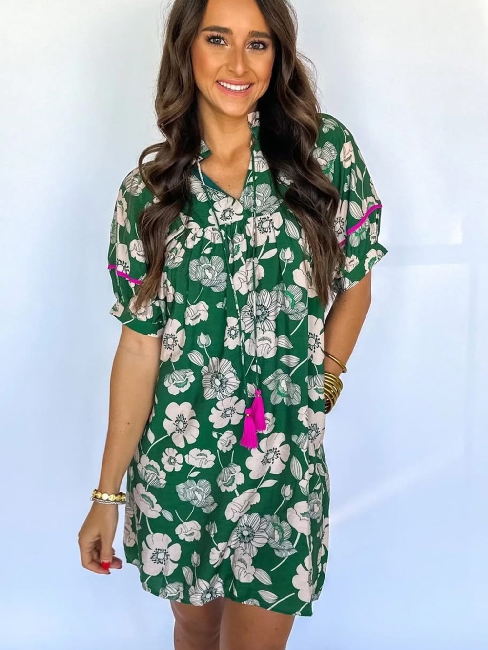 THML Green Floral Puff Sleeve Tassel Mini Dress Size XS